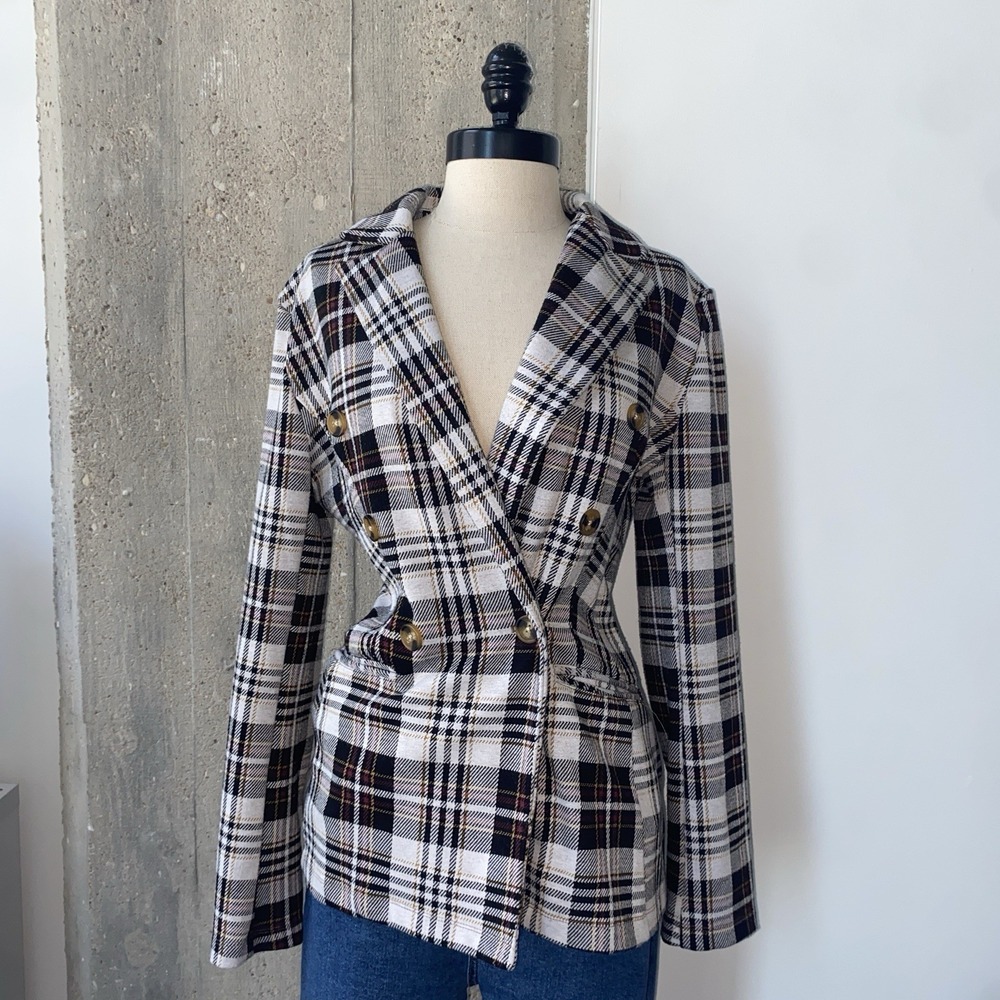 Altar'd State Double Breasted Blazer Brown Plaid Jacket Preppy Coquette Size Med - Picture 2 of 9